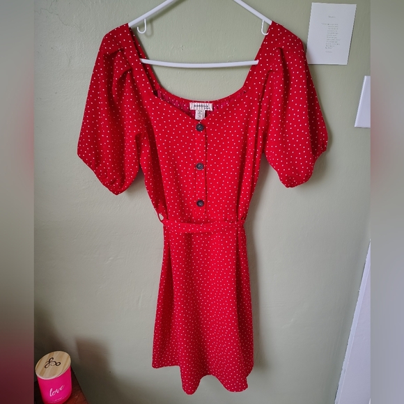 Monteau LA Women's Medium Red Polka Dot Puff Sleeve Faux Button Midi Dress w Tie - Picture 6 of 11